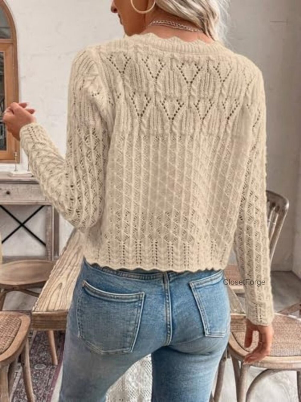 Women's Cropped Cardigan Sweater Long Sleeve Button Front Knit Top - Picture 2 of 5